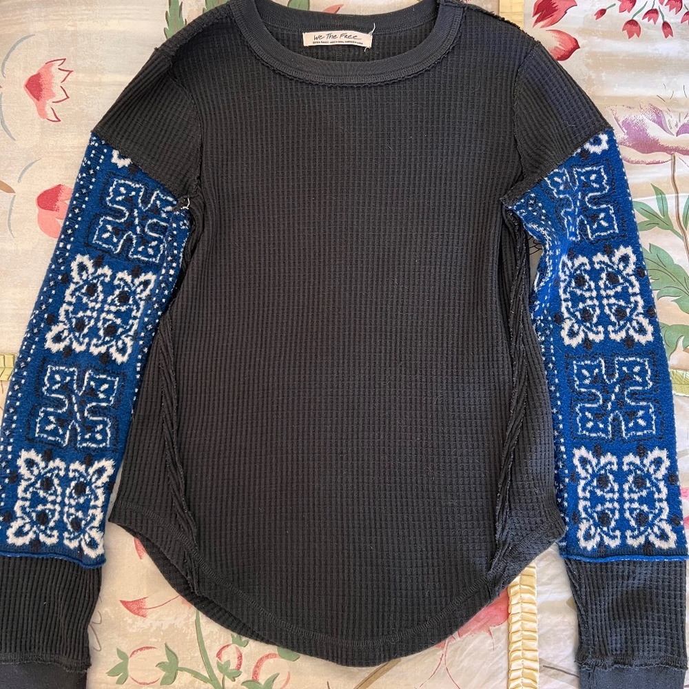 Free People Black and Blue Thermal Shirt XS